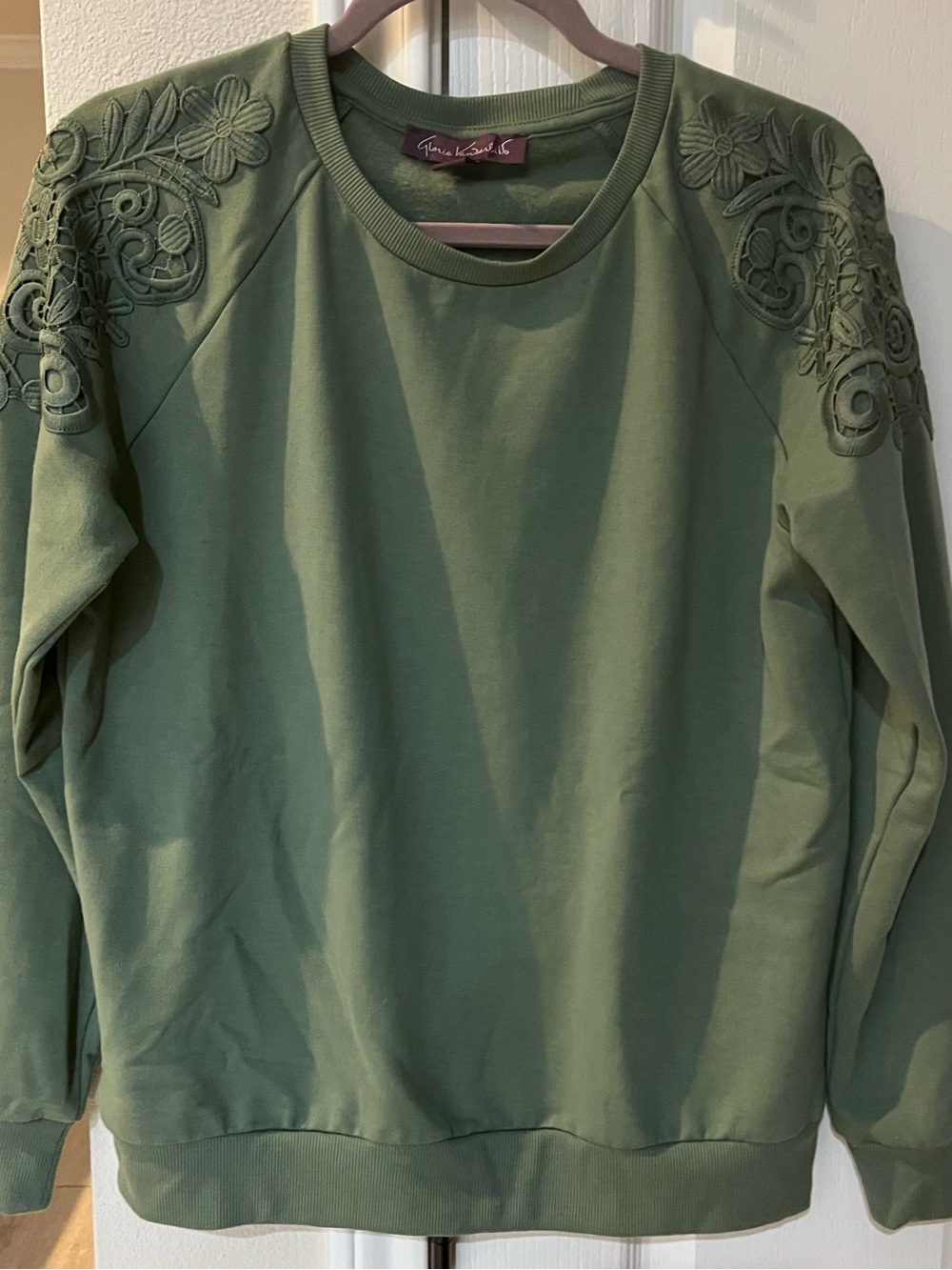 Gloria Vanderbilt Olive Green Embroidered Shoulder Sweatshirt